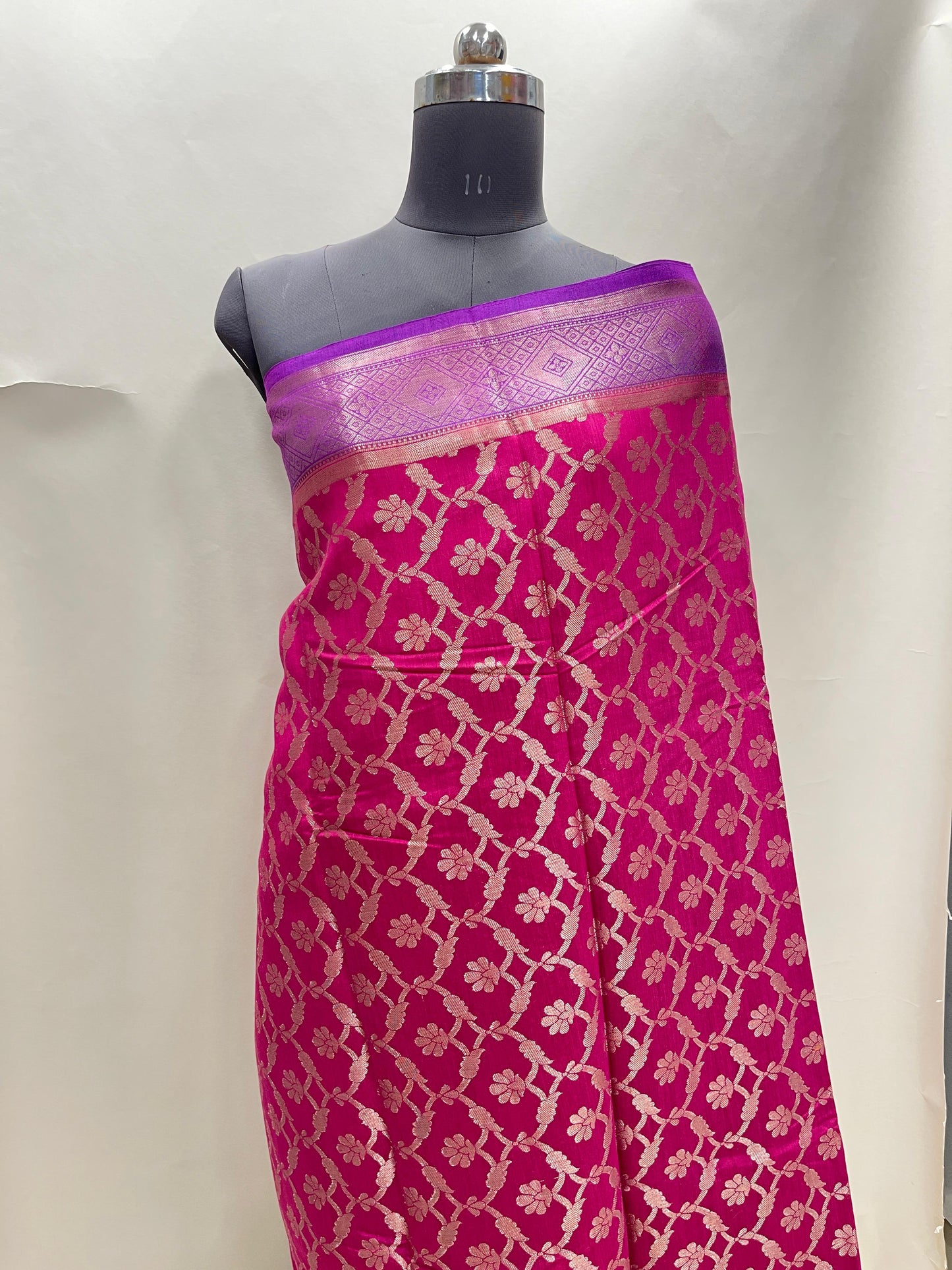 Faishana Pure Handloom Magenta Munga Silk Floral Copper Zari Jaal with Contrast Purple Polka Dot Pallu Skirt Dual Shade Mina Zari Border with Purple Blouse