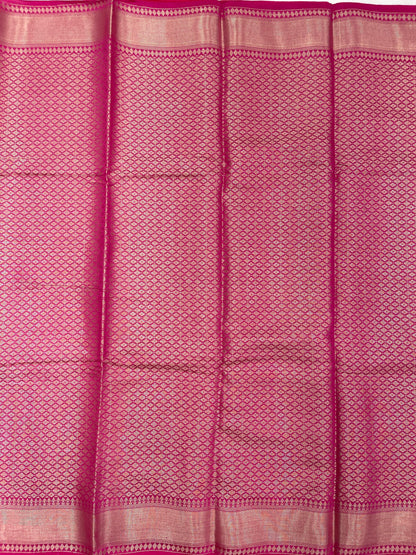 Faishana Pure Handloom Red Munga Silk Floral Copper Zari Jaal with Contrast Magenta Polka Dot Pallu Skirt Dual Shade Mina Zari Border with Magenta Blouse