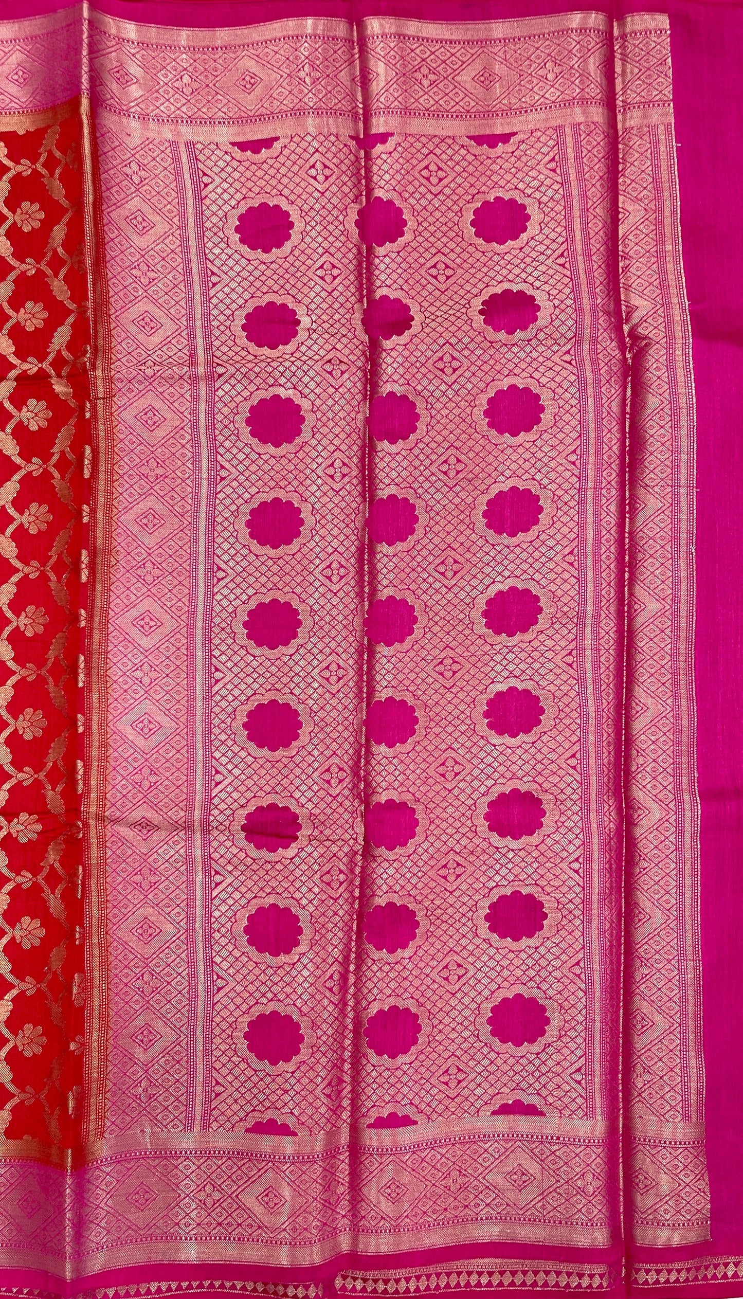 Faishana Pure Handloom Red Munga Silk Floral Copper Zari Jaal with Contrast Magenta Polka Dot Pallu Skirt Dual Shade Mina Zari Border with Magenta Blouse