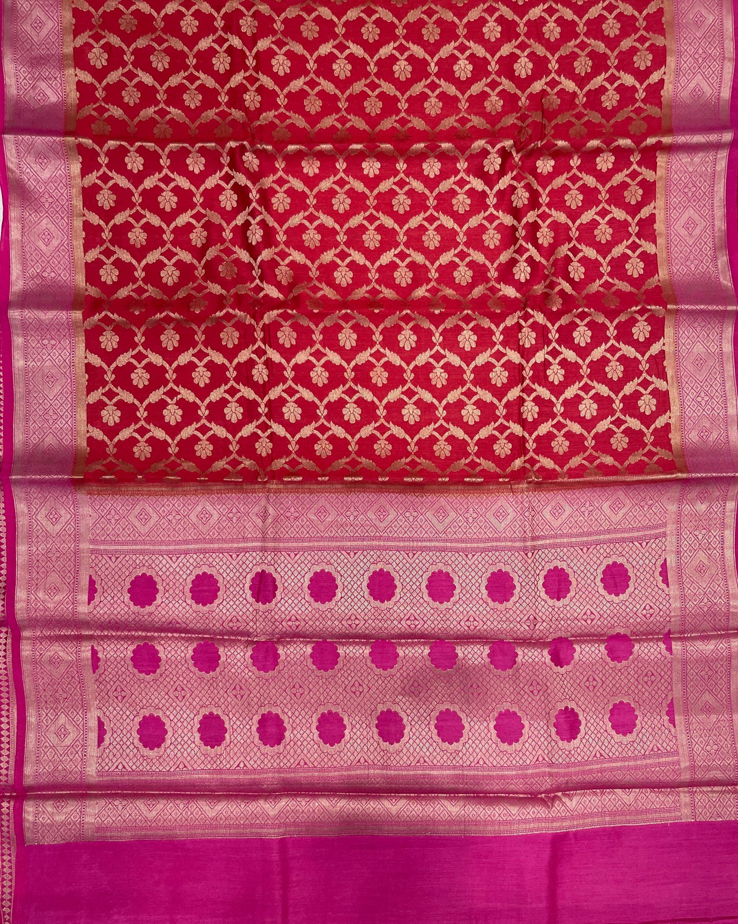 Faishana Pure Handloom Red Munga Silk Floral Copper Zari Jaal with Contrast Magenta Polka Dot Pallu Skirt Dual Shade Mina Zari Border with Magenta Blouse