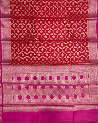 Faishana Pure Handloom Red Munga Silk Floral Copper Zari Jaal with Contrast Magenta Polka Dot Pallu Skirt Dual Shade Mina Zari Border with Magenta Blouse