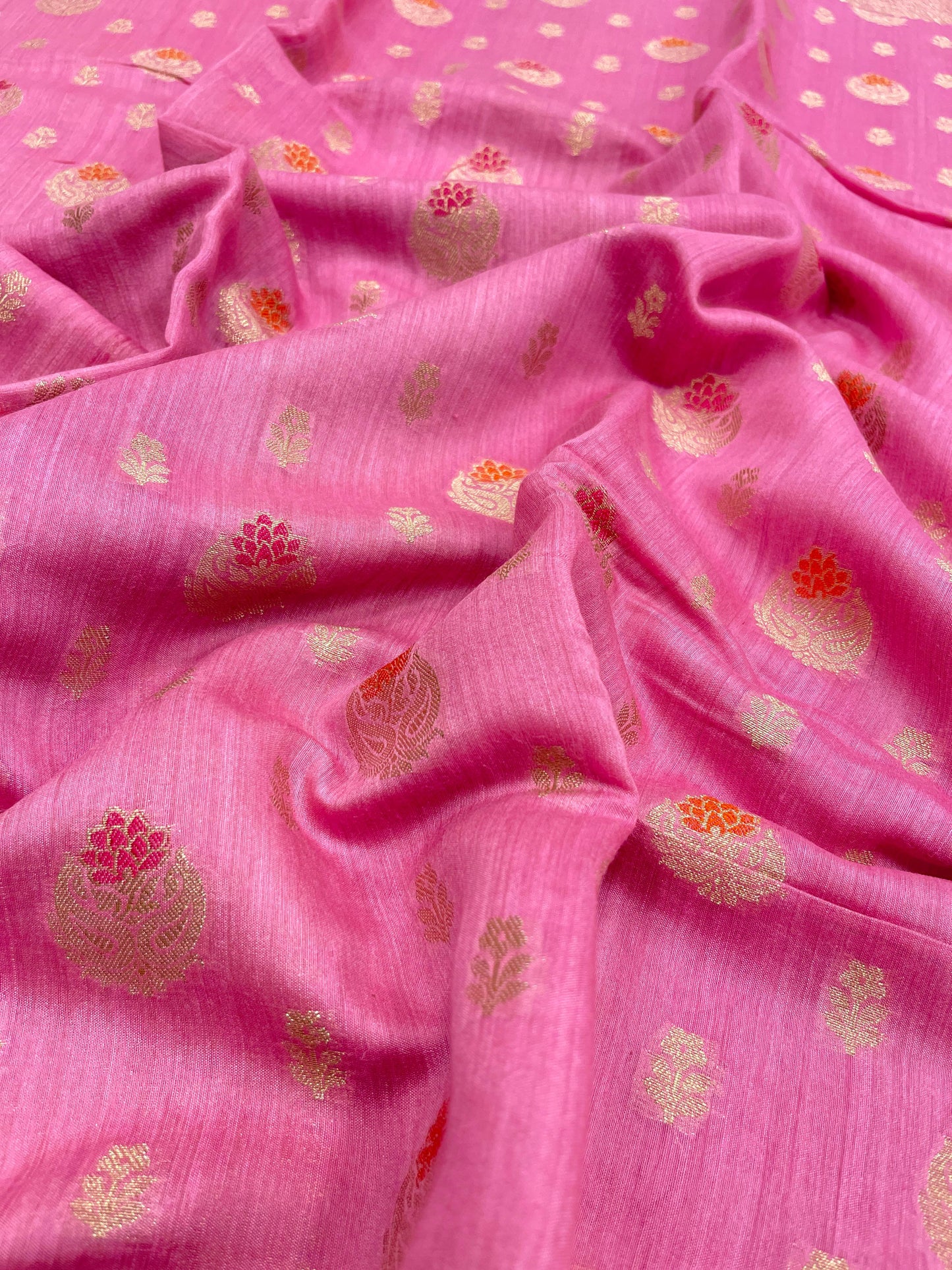 Faishana Pure Handloom Baby Pink Munga Silk Floral Gold Zari Mina Booti with Minakari Jaal Pallu Zari Border with Baby Pink Blouse