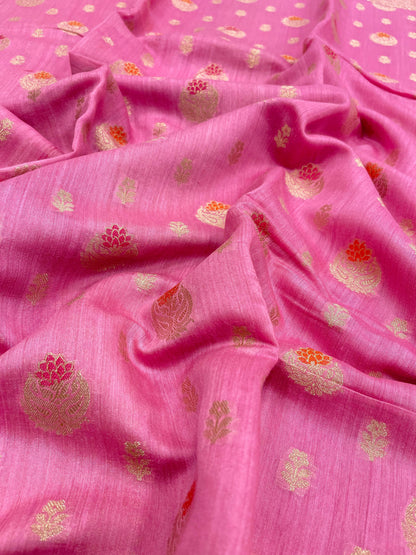 Faishana Pure Handloom Baby Pink Munga Silk Floral Gold Zari Mina Booti with Minakari Jaal Pallu Zari Border with Baby Pink Blouse
