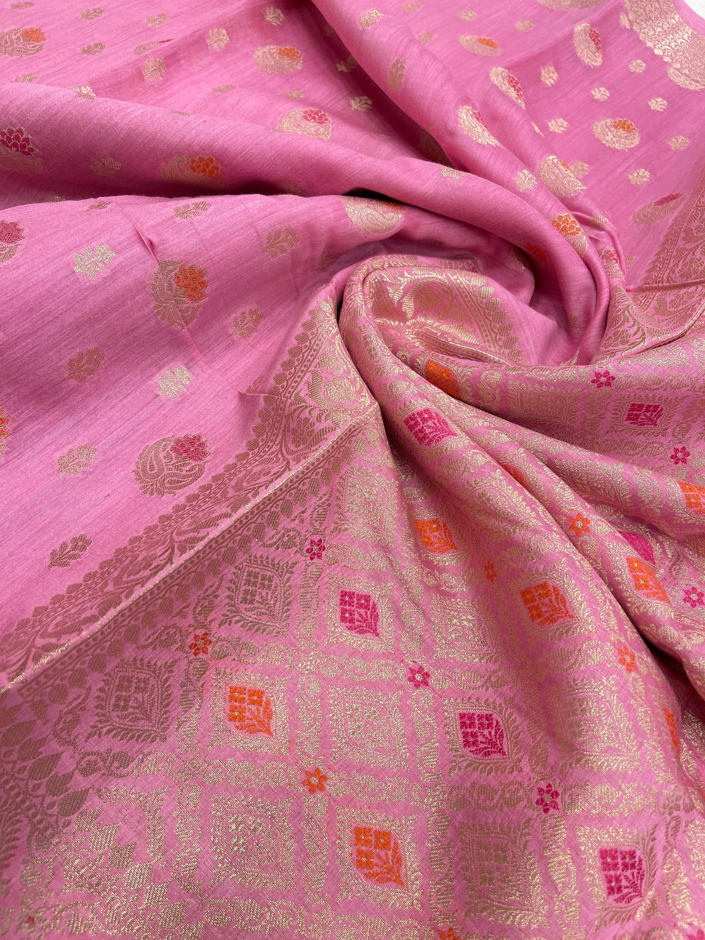 Faishana Pure Handloom Baby Pink Munga Silk Floral Gold Zari Mina Booti with Minakari Jaal Pallu Zari Border with Baby Pink Blouse