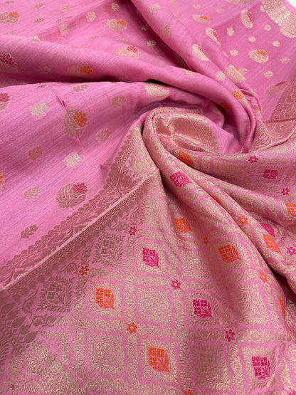 Faishana Pure Handloom Baby Pink Munga Silk Floral Gold Zari Mina Booti with Minakari Jaal Pallu Zari Border with Baby Pink Blouse