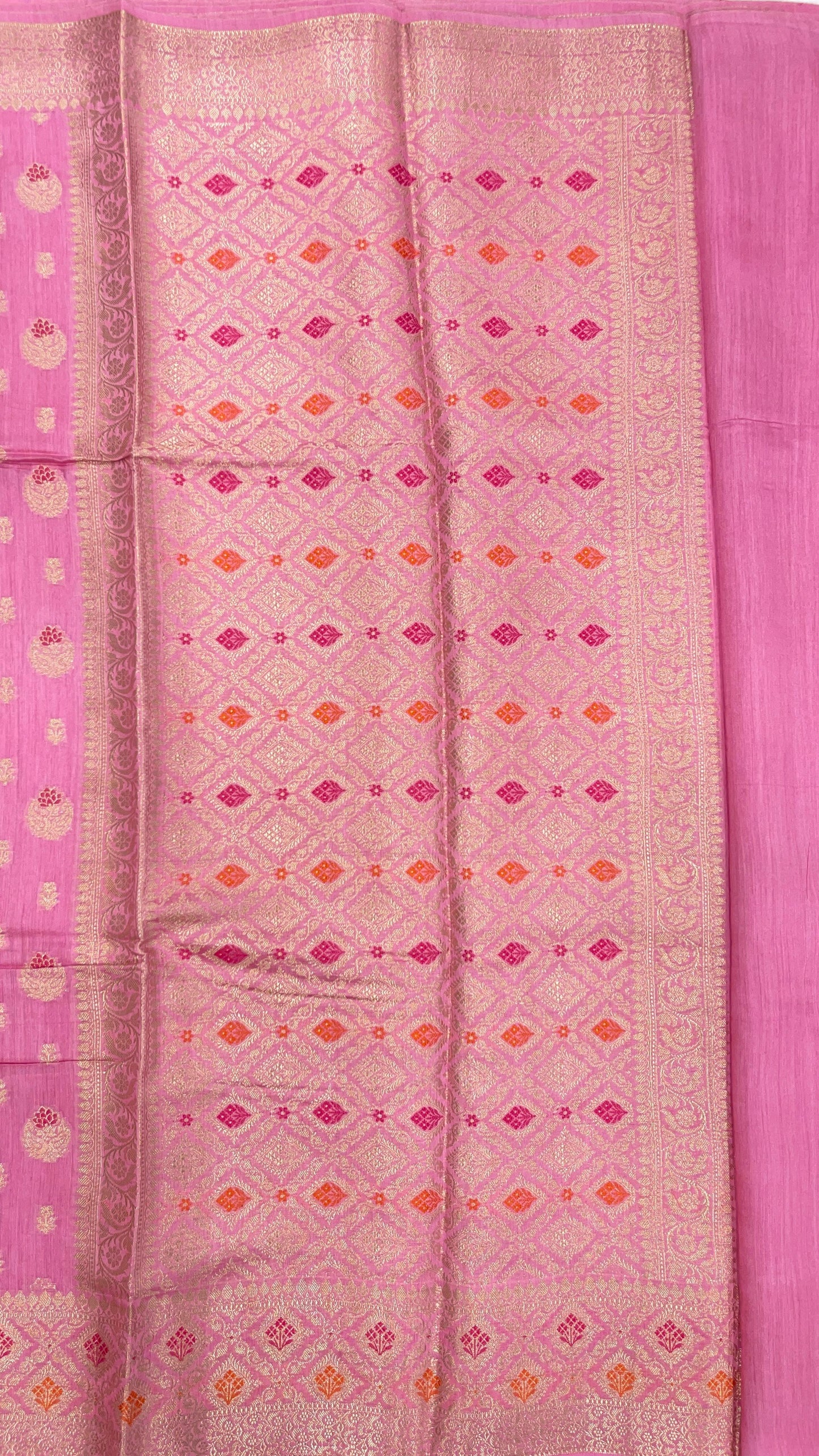 Faishana Pure Handloom Baby Pink Munga Silk Floral Gold Zari Mina Booti with Minakari Jaal Pallu Zari Border with Baby Pink Blouse