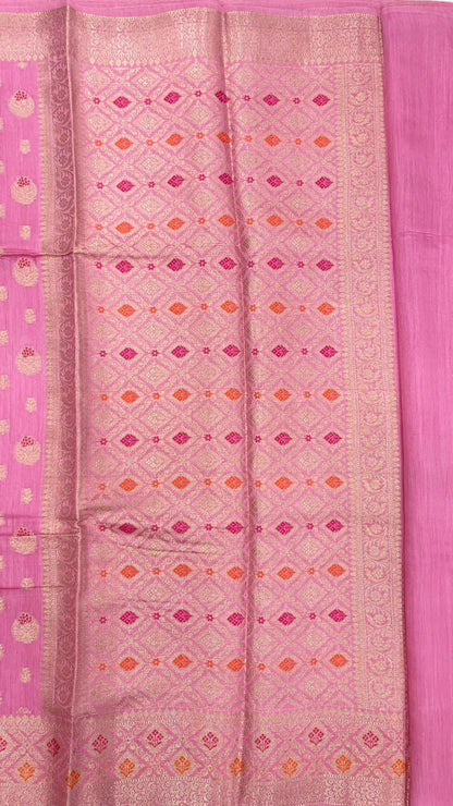 Faishana Pure Handloom Baby Pink Munga Silk Floral Gold Zari Mina Booti with Minakari Jaal Pallu Zari Border with Baby Pink Blouse