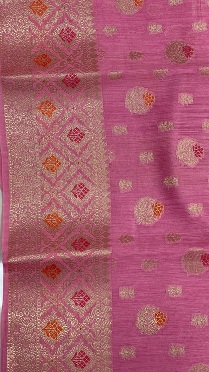 Faishana Pure Handloom Baby Pink Munga Silk Floral Gold Zari Mina Booti with Minakari Jaal Pallu Zari Border with Baby Pink Blouse