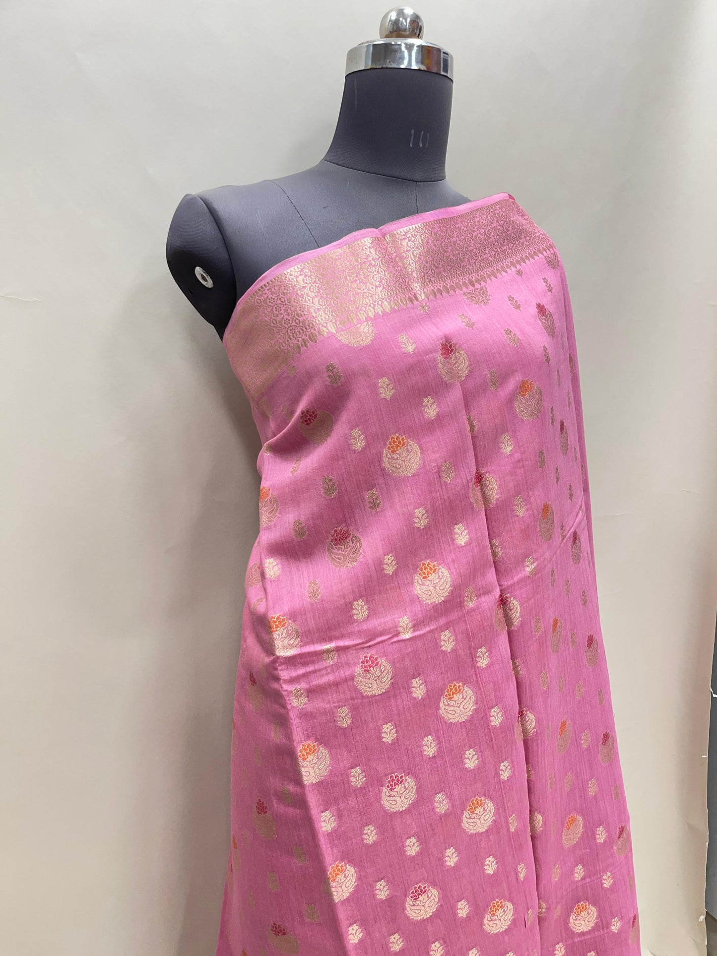 Faishana Pure Handloom Baby Pink Munga Silk Floral Gold Zari Mina Booti with Minakari Jaal Pallu Zari Border with Baby Pink Blouse
