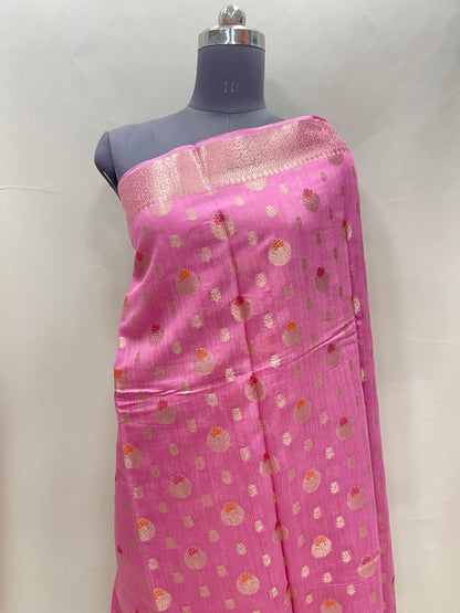 Faishana Pure Handloom Baby Pink Munga Silk Floral Gold Zari Mina Booti with Minakari Jaal Pallu Zari Border with Baby Pink Blouse