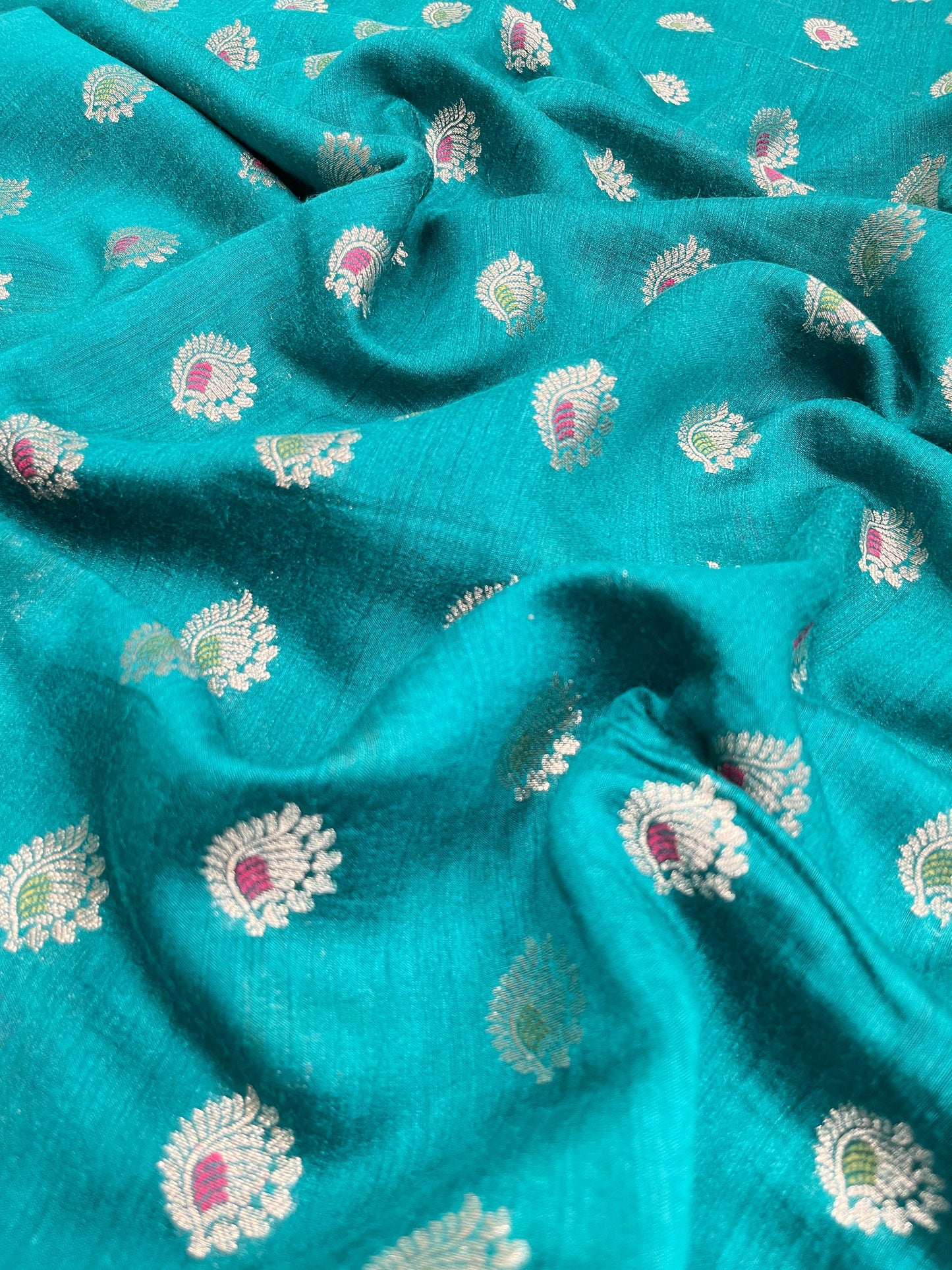 Faishana Pure Handloom Sea Green Munga Silk Floral Gold Mina Zari Booti with Banarasi Floral Jaal Pallu Zari Border with Sea Green Blouse
