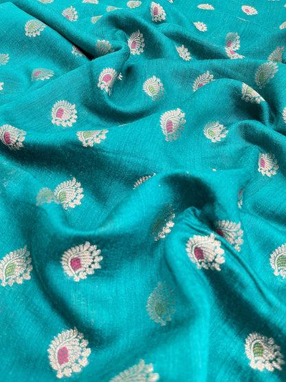 Faishana Pure Handloom Sea Green Munga Silk Floral Gold Mina Zari Booti with Banarasi Floral Jaal Pallu Zari Border with Sea Green Blouse