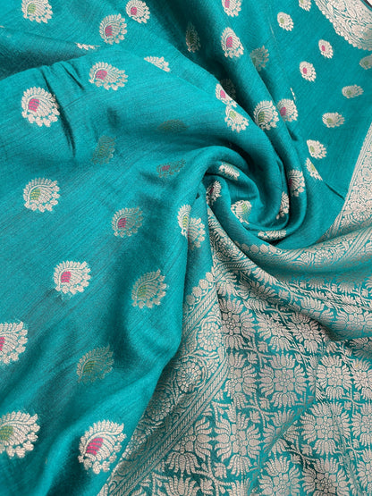 Faishana Pure Handloom Sea Green Munga Silk Floral Gold Mina Zari Booti with Banarasi Floral Jaal Pallu Zari Border with Sea Green Blouse
