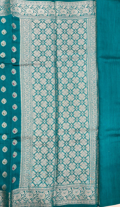 Faishana Pure Handloom Sea Green Munga Silk Floral Gold Mina Zari Booti with Banarasi Floral Jaal Pallu Zari Border with Sea Green Blouse