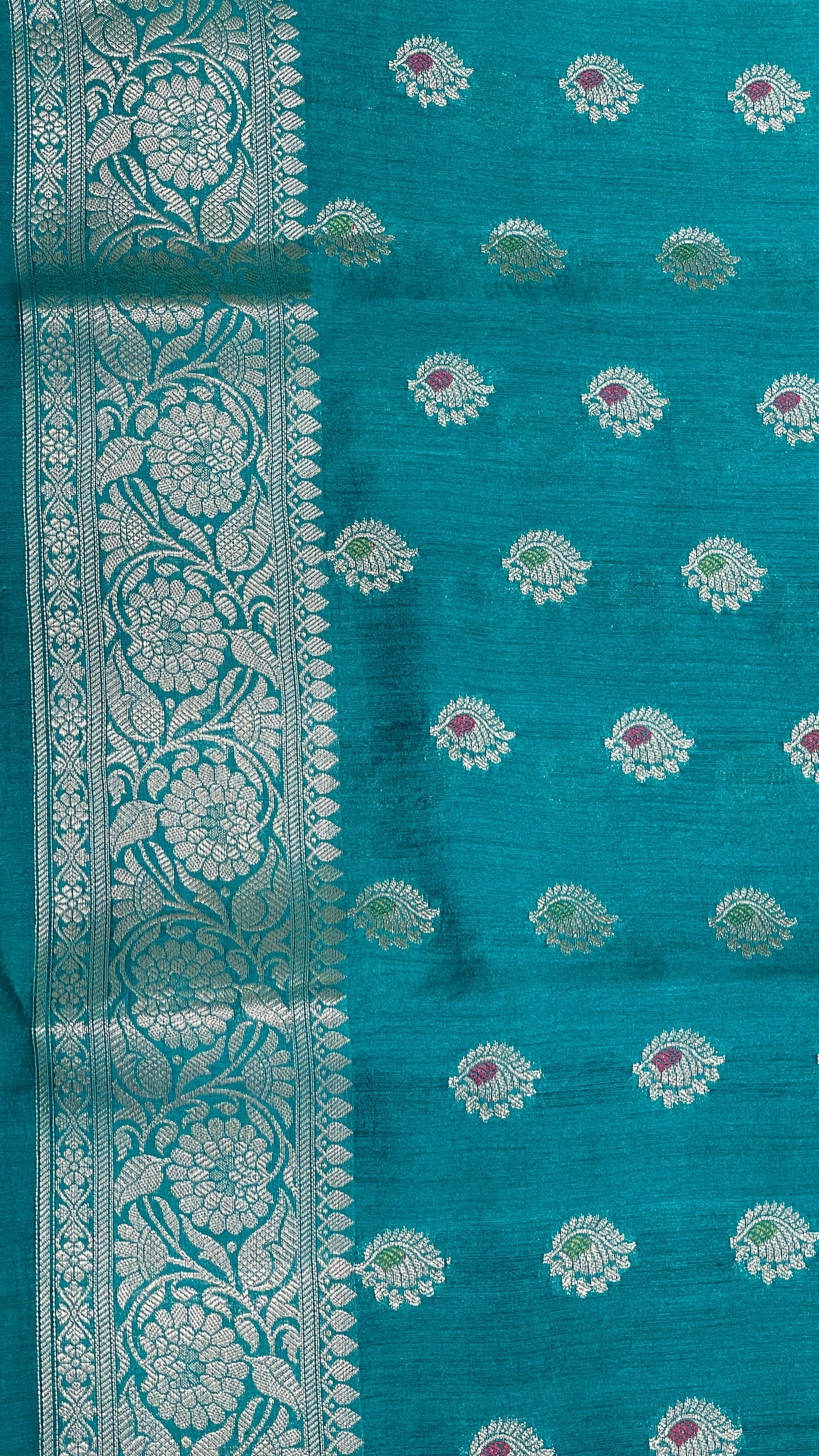 Faishana Pure Handloom Sea Green Munga Silk Floral Gold Mina Zari Booti with Banarasi Floral Jaal Pallu Zari Border with Sea Green Blouse