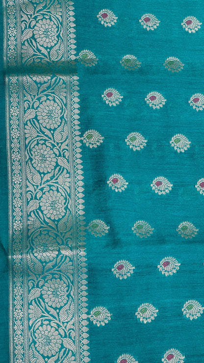 Faishana Pure Handloom Sea Green Munga Silk Floral Gold Mina Zari Booti with Banarasi Floral Jaal Pallu Zari Border with Sea Green Blouse