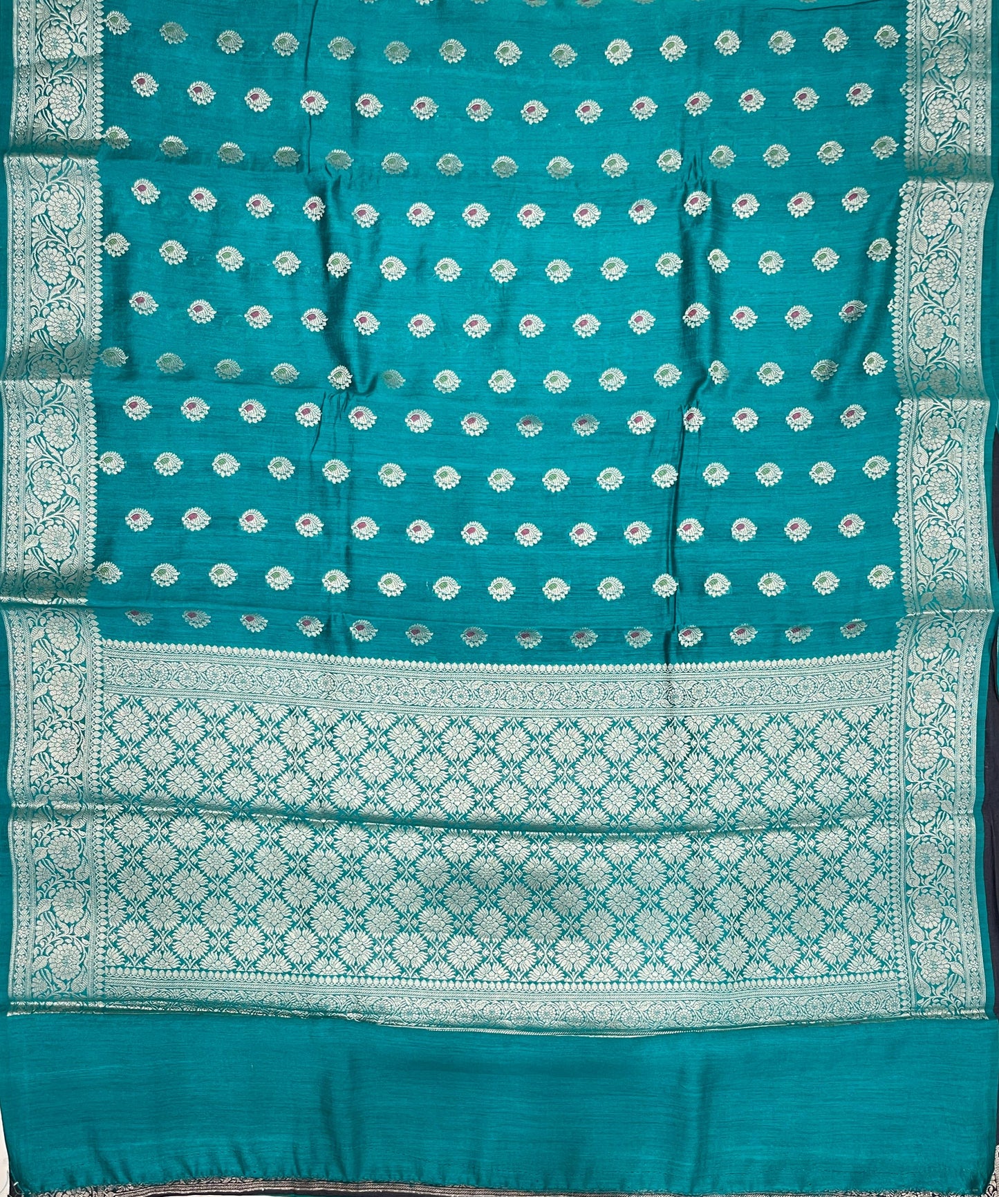 Faishana Pure Handloom Sea Green Munga Silk Floral Gold Mina Zari Booti with Banarasi Floral Jaal Pallu Zari Border with Sea Green Blouse
