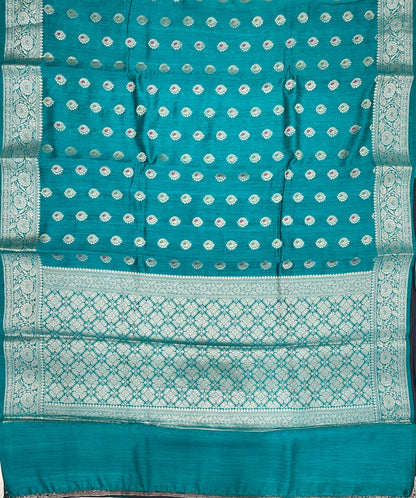 Faishana Pure Handloom Sea Green Munga Silk Floral Gold Mina Zari Booti with Banarasi Floral Jaal Pallu Zari Border with Sea Green Blouse