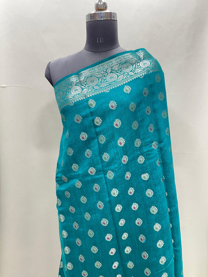 Faishana Pure Handloom Sea Green Munga Silk Floral Gold Mina Zari Booti with Banarasi Floral Jaal Pallu Zari Border with Sea Green Blouse