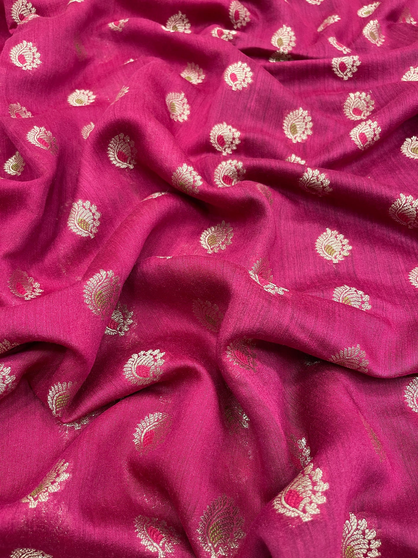 Faishana Pure Handloom Magenta Munga Silk Floral Gold Mina Zari Booti with Banarasi Floral Jaal Pallu Zari Border and Magenta Blouse