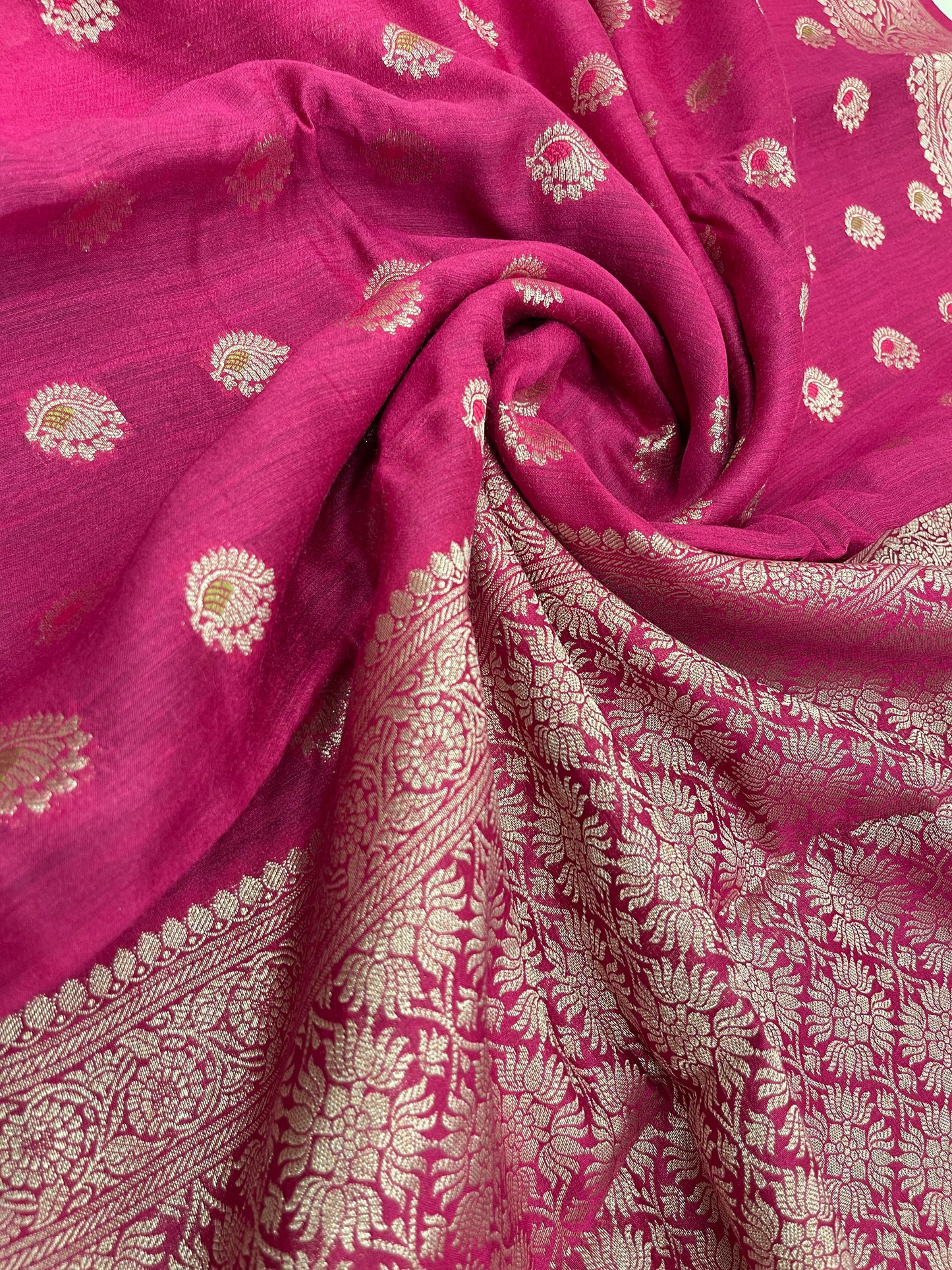Faishana Pure Handloom Magenta Munga Silk Floral Gold Mina Zari Booti with Banarasi Floral Jaal Pallu Zari Border and Magenta Blouse