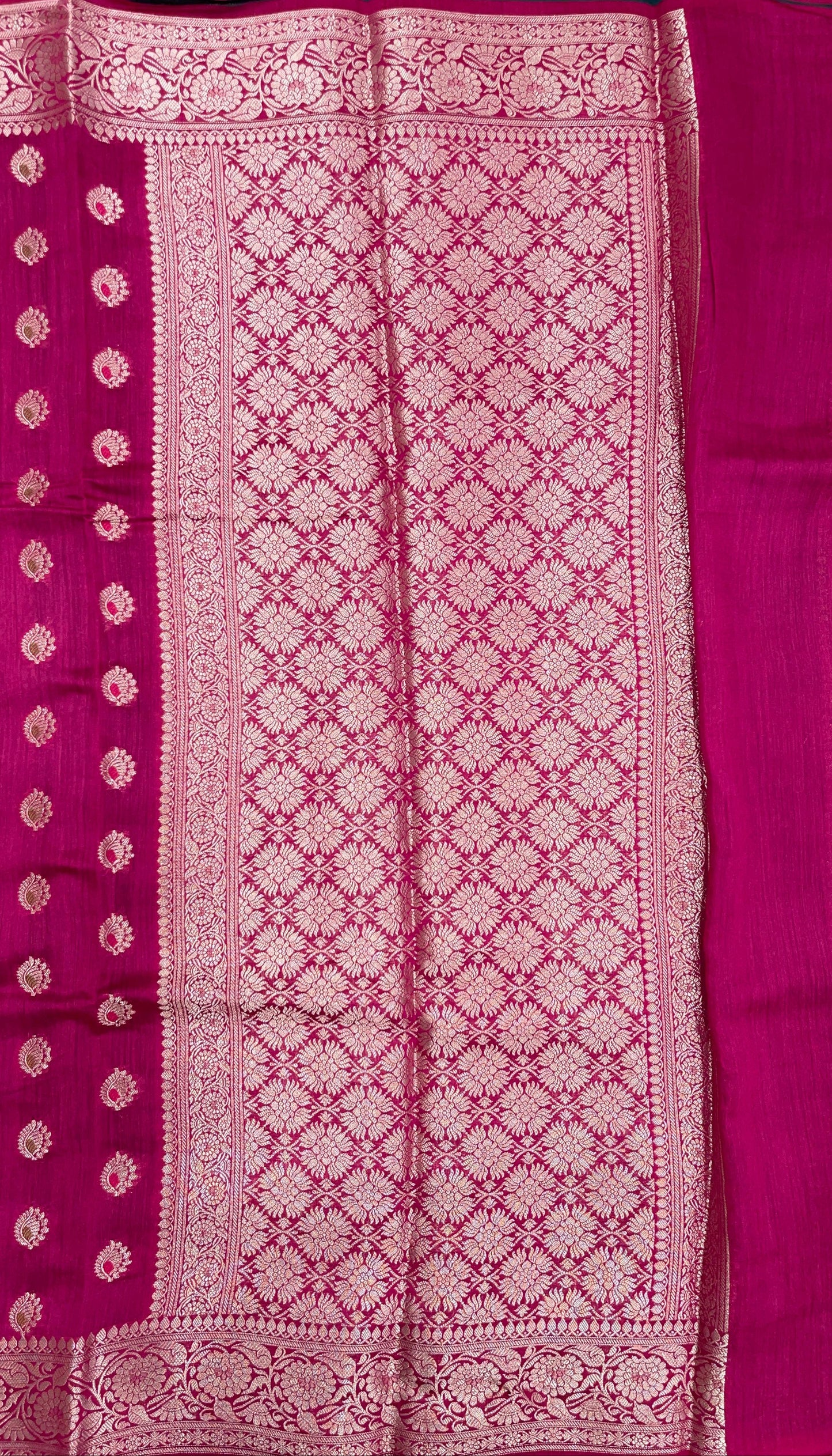 Faishana Pure Handloom Magenta Munga Silk Floral Gold Mina Zari Booti with Banarasi Floral Jaal Pallu Zari Border and Magenta Blouse