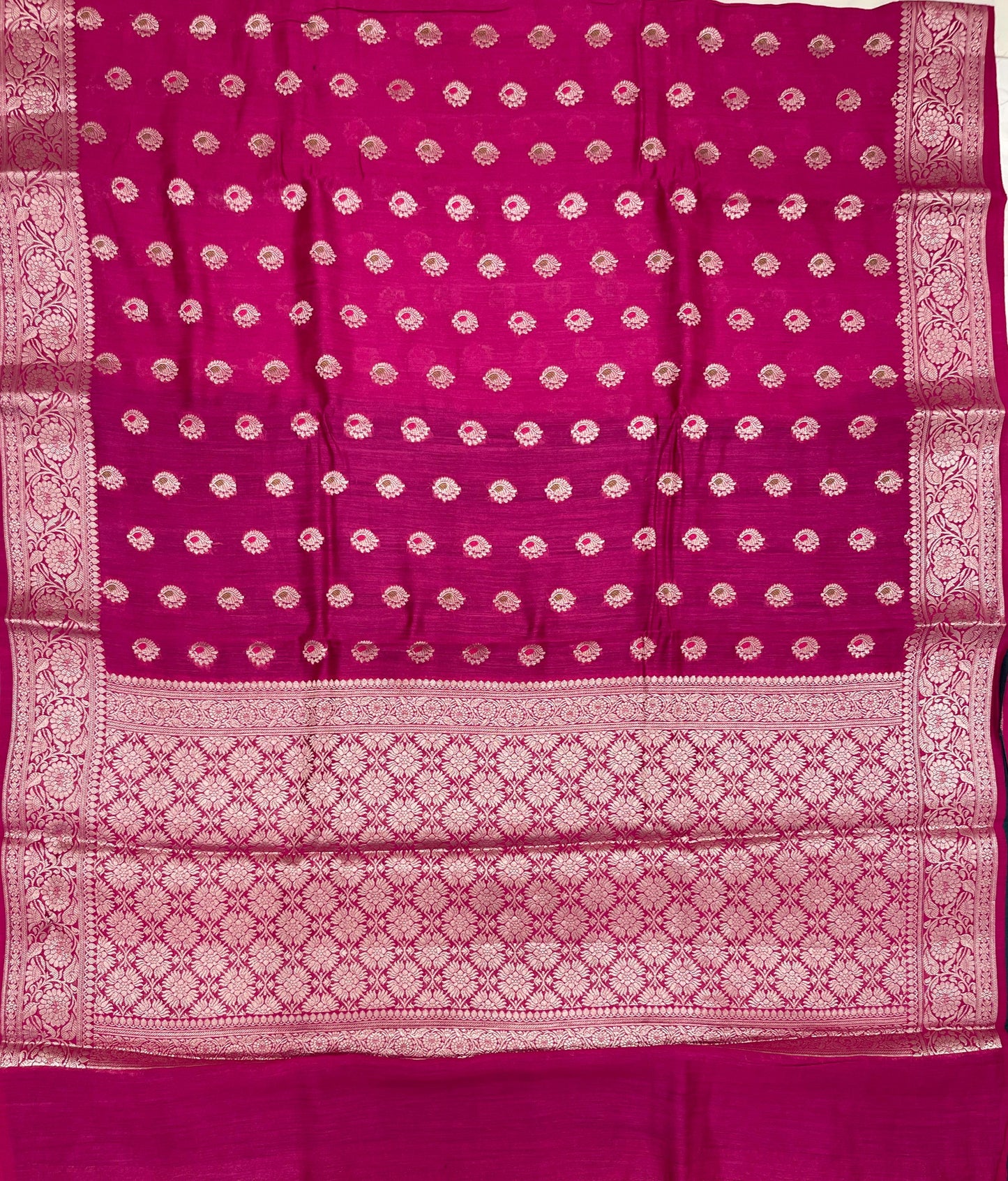 Faishana Pure Handloom Magenta Munga Silk Floral Gold Mina Zari Booti with Banarasi Floral Jaal Pallu Zari Border and Magenta Blouse