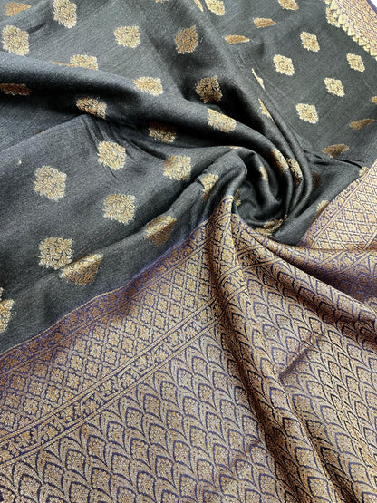 Faishana Pure Handloom Black Munga Silk Floral Copper Zari Booti with Banarasi Floral Pallu Zari Border and Black Blouse