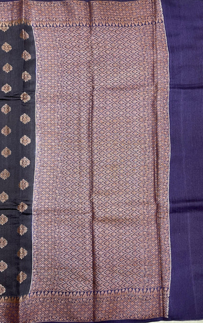 Faishana Pure Handloom Black Munga Silk Floral Copper Zari Booti with Banarasi Floral Pallu Zari Border and Black Blouse