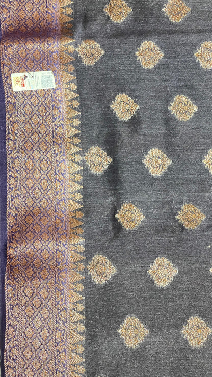 Faishana Pure Handloom Black Munga Silk Floral Copper Zari Booti with Banarasi Floral Pallu Zari Border and Black Blouse