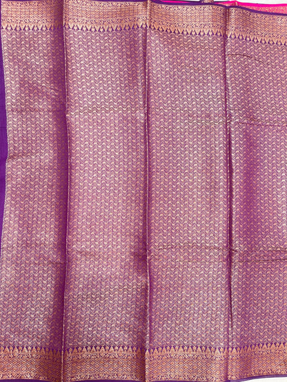 Faishana Pure Handloom Magenta Munga Silk Floral Copper Zari Booti with Contrast Purple Banarasi Floral Pallu Zari Border and Purple Blouse