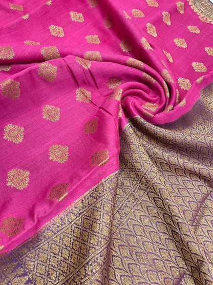 Faishana Pure Handloom Magenta Munga Silk Floral Copper Zari Booti with Contrast Purple Banarasi Floral Pallu Zari Border and Purple Blouse