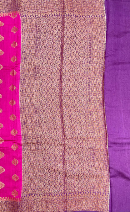 Faishana Pure Handloom Magenta Munga Silk Floral Copper Zari Booti with Contrast Purple Banarasi Floral Pallu Zari Border and Purple Blouse