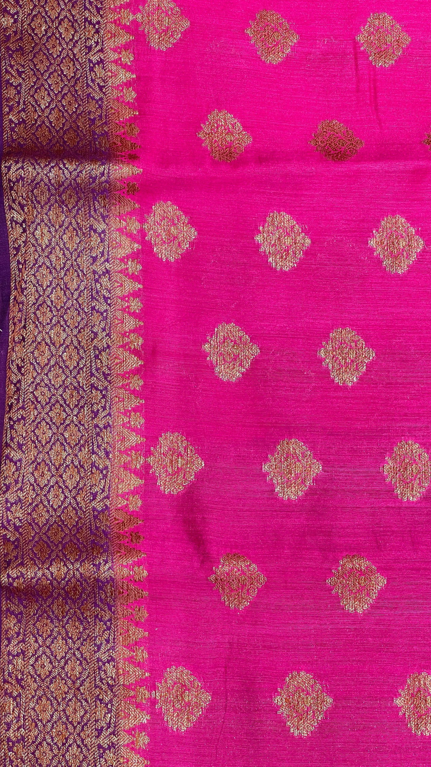 Faishana Pure Handloom Magenta Munga Silk Floral Copper Zari Booti with Contrast Purple Banarasi Floral Pallu Zari Border and Purple Blouse