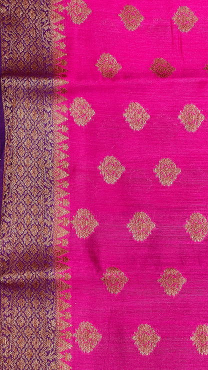 Faishana Pure Handloom Magenta Munga Silk Floral Copper Zari Booti with Contrast Purple Banarasi Floral Pallu Zari Border and Purple Blouse