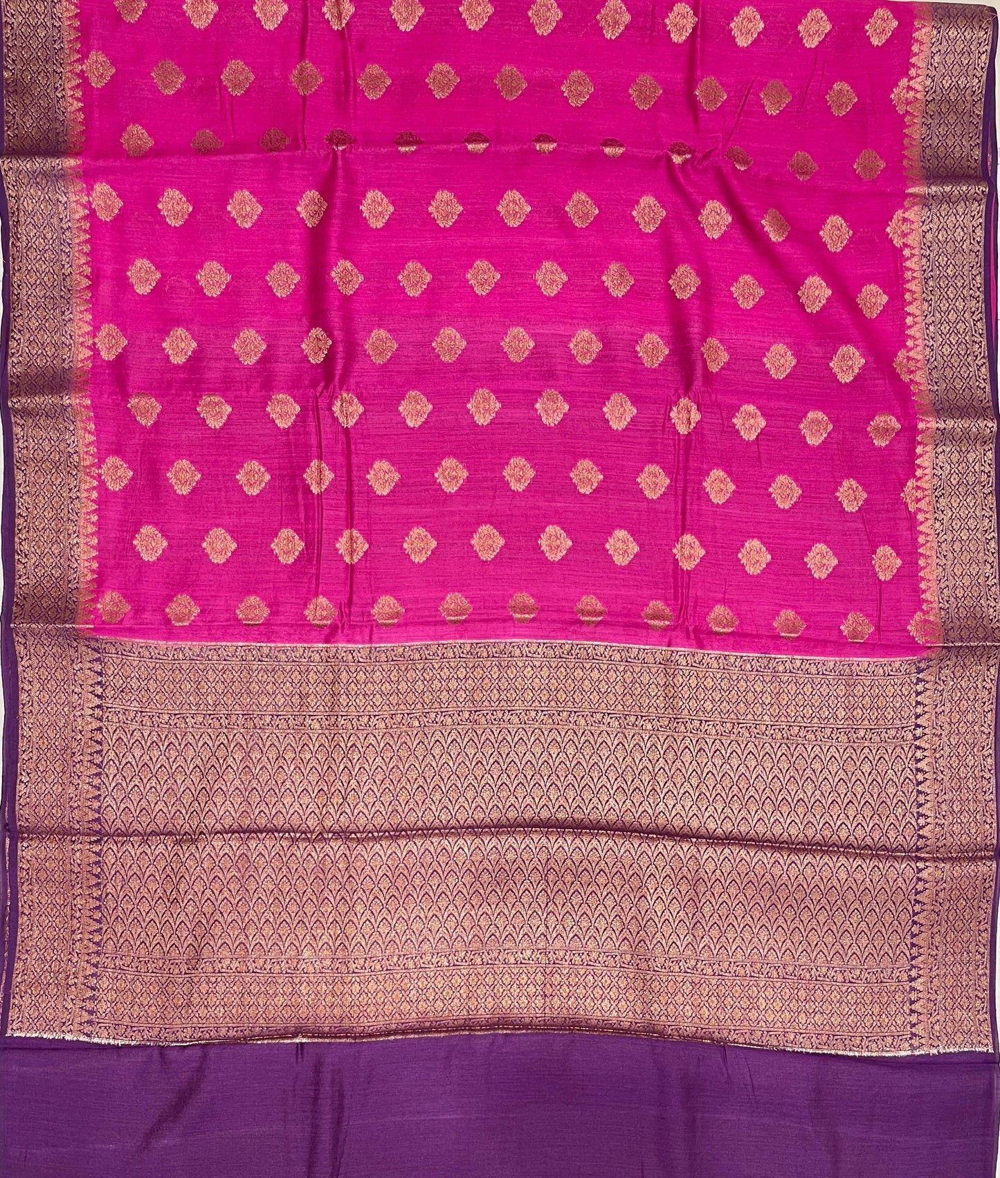 Faishana Pure Handloom Magenta Munga Silk Floral Copper Zari Booti with Contrast Purple Banarasi Floral Pallu Zari Border and Purple Blouse