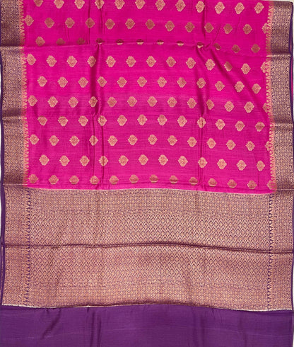 Faishana Pure Handloom Magenta Munga Silk Floral Copper Zari Booti with Contrast Purple Banarasi Floral Pallu Zari Border and Purple Blouse