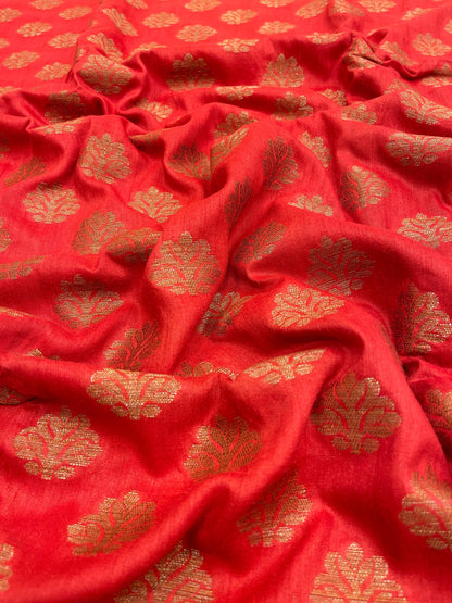 Faishana Pure Handloom Red Munga Silk Floral Copper Zari Booti with Contrast Blue Jaal Skirt Dual Shade Green Floral Zari Border and Blue Blouse