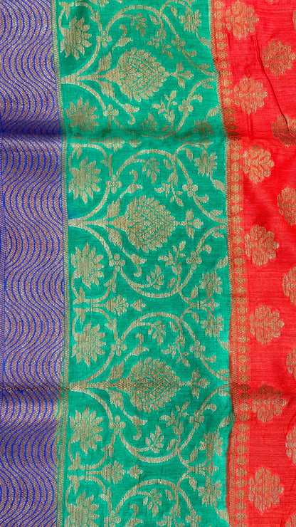 Faishana Pure Handloom Red Munga Silk Floral Copper Zari Booti with Contrast Blue Jaal Skirt Dual Shade Green Floral Zari Border and Blue Blouse