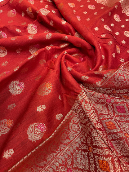 Faishana Pure Handloom Red Munga Silk Floral Gold Zari Mina Booti with Minakari Jaal Pallu Zari Border with Red Blouse