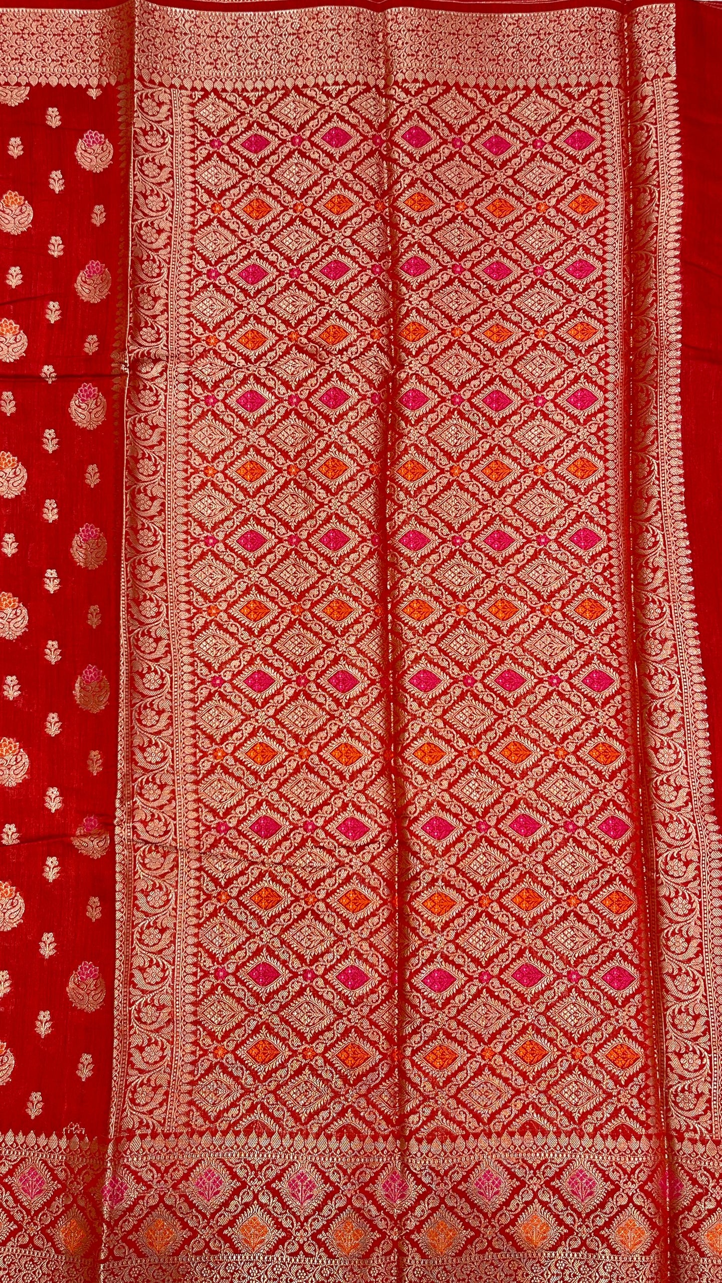 Faishana Pure Handloom Red Munga Silk Floral Gold Zari Mina Booti with Minakari Jaal Pallu Zari Border with Red Blouse