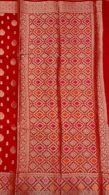 Faishana Pure Handloom Red Munga Silk Floral Gold Zari Mina Booti with Minakari Jaal Pallu Zari Border with Red Blouse