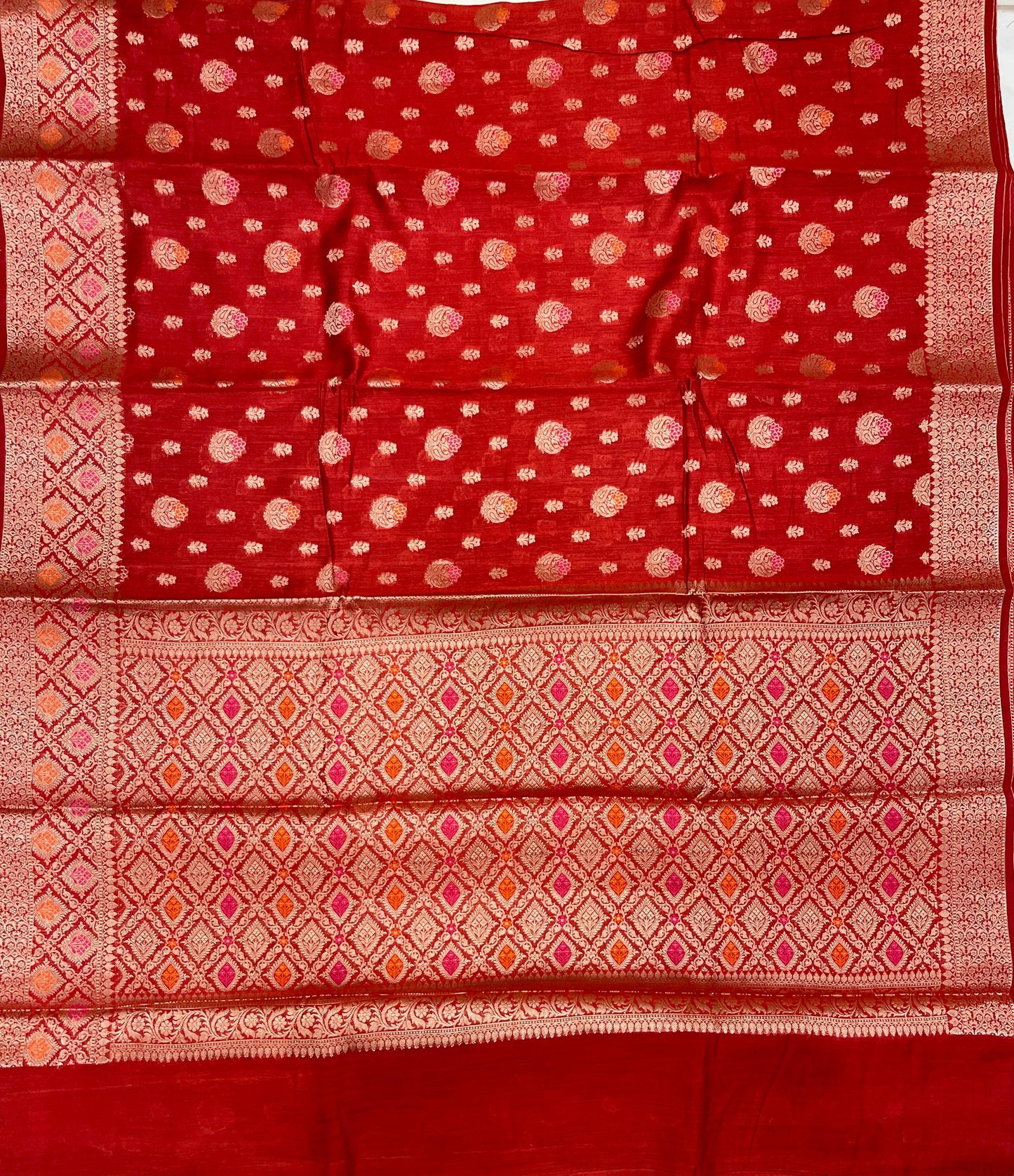 Faishana Pure Handloom Red Munga Silk Floral Gold Zari Mina Booti with Minakari Jaal Pallu Zari Border with Red Blouse