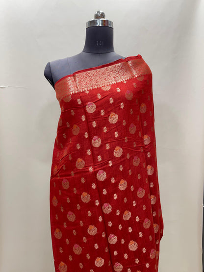 Faishana Pure Handloom Red Munga Silk Floral Gold Zari Mina Booti with Minakari Jaal Pallu Zari Border with Red Blouse