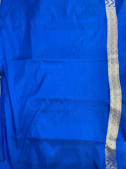 Faishana Presents Blue Satin Silk Floral Zari Stripe Heavy Stone Work Banarasi Saree with Skirt Zig-Zag Zari Border and Blue Blouse