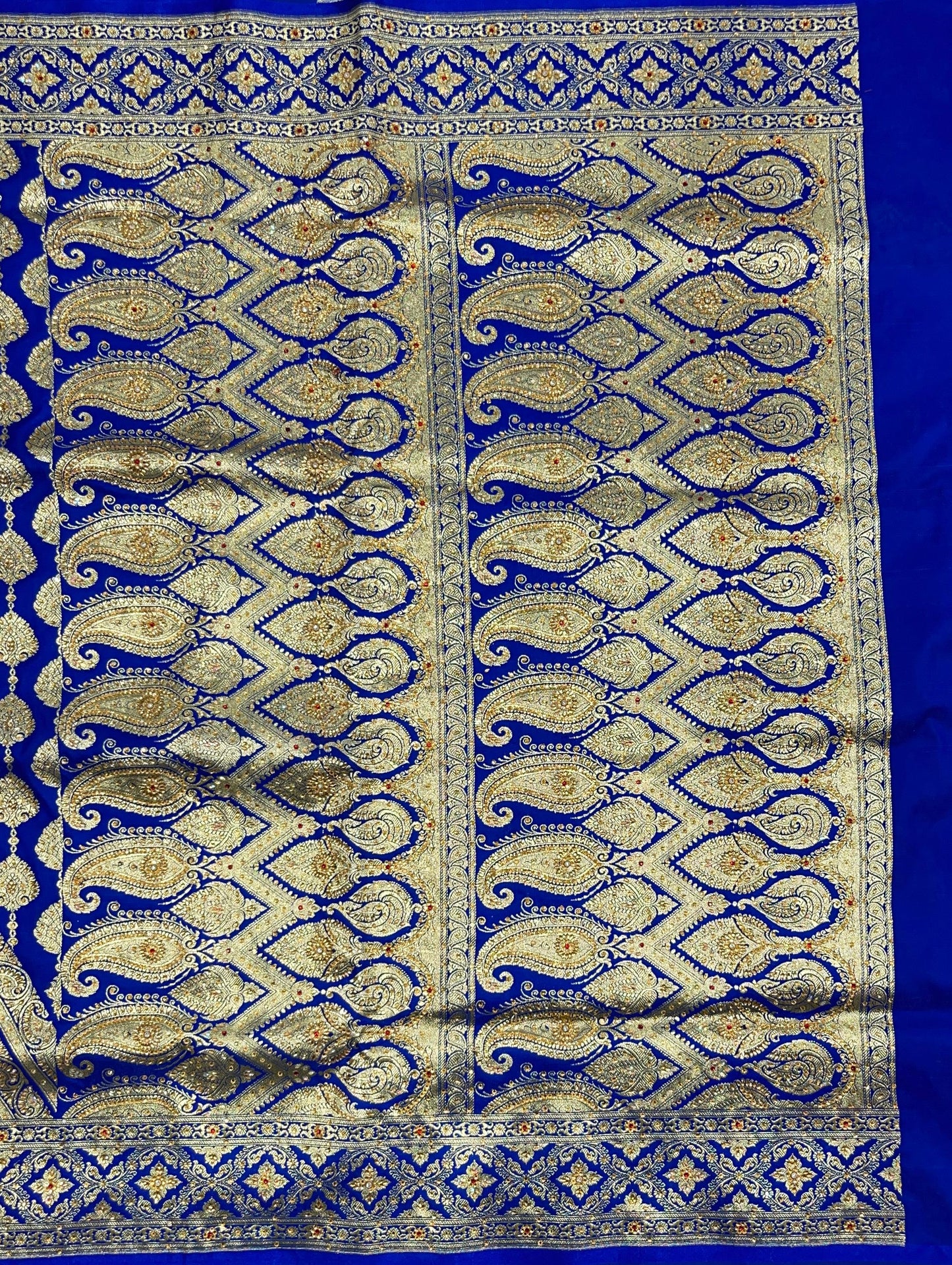 Faishana Presents Blue Satin Silk Floral Zari Stripe Heavy Stone Work Banarasi Saree with Skirt Zig-Zag Zari Border and Blue Blouse