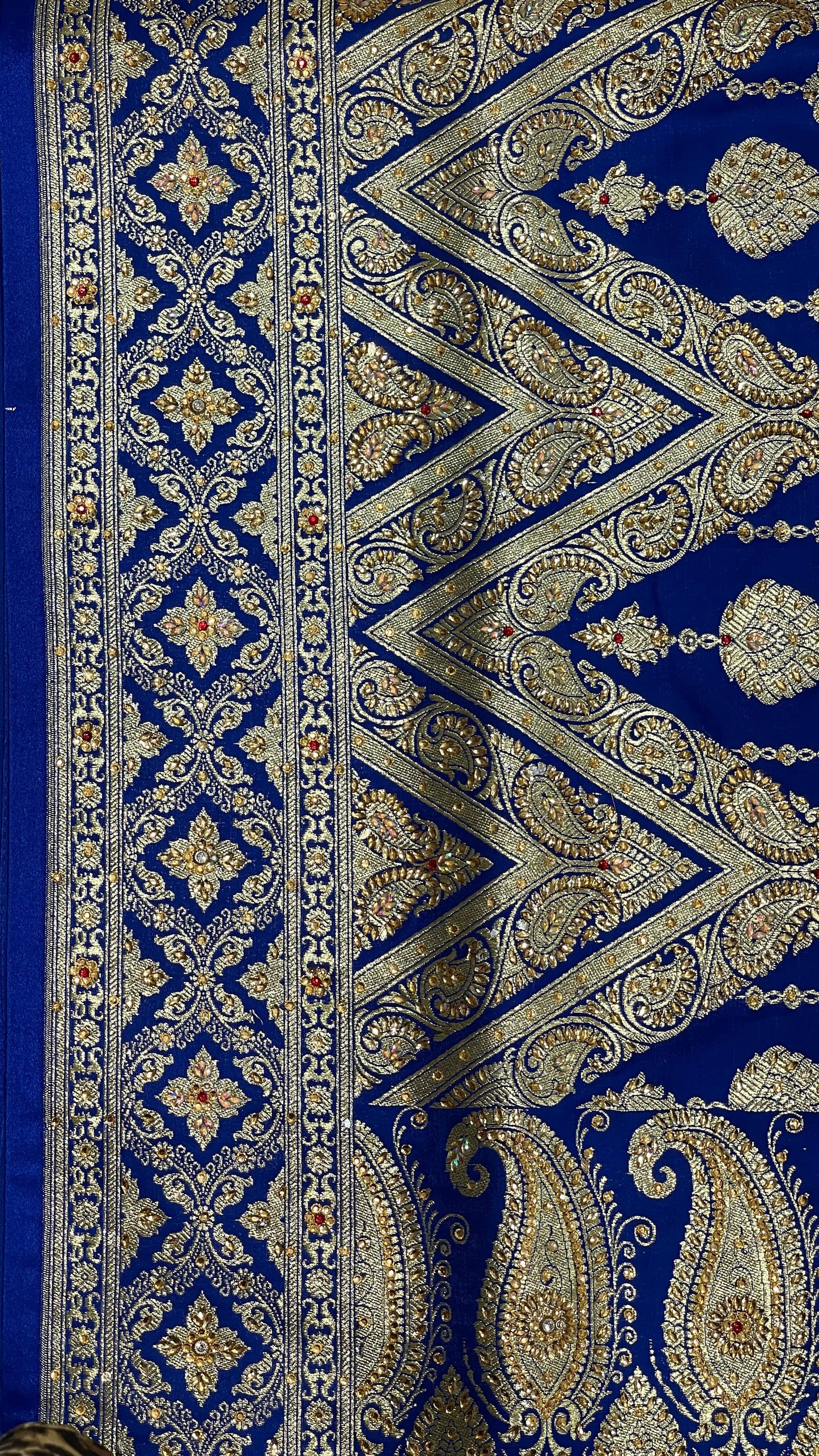 Faishana Presents Blue Satin Silk Floral Zari Stripe Heavy Stone Work Banarasi Saree with Skirt Zig-Zag Zari Border and Blue Blouse