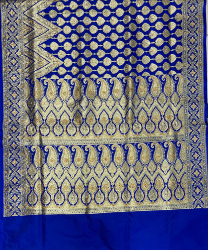 Faishana Presents Blue Satin Silk Floral Zari Stripe Heavy Stone Work Banarasi Saree with Skirt Zig-Zag Zari Border and Blue Blouse