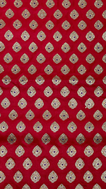 Faishana Presents Red Katan Silk Zari Booti Heavy Stone Work Banarasi Saree with Contrast Blue Floral Pallu and Blue Blouse