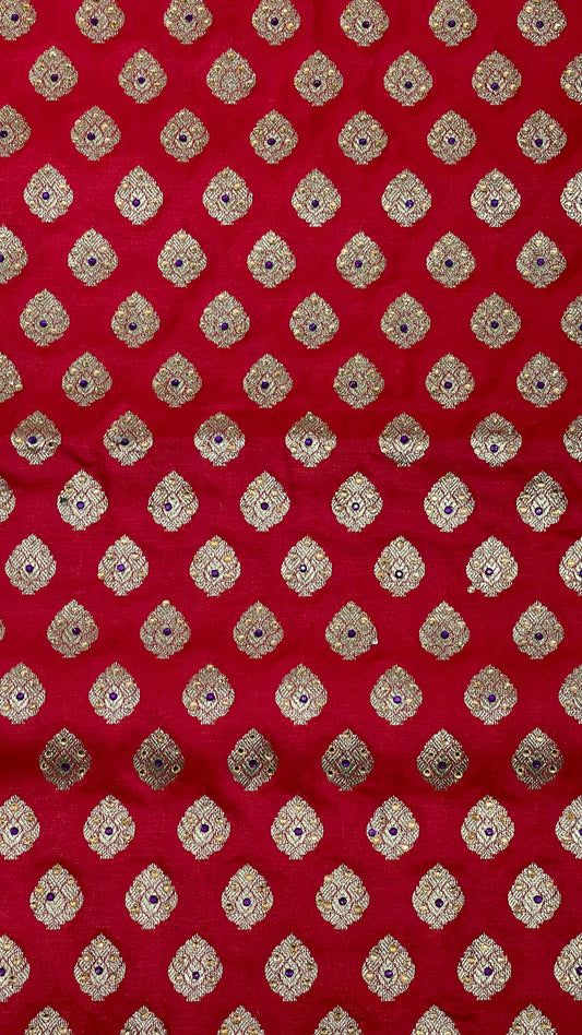 Faishana Presents Red Katan Silk Zari Booti Heavy Stone Work Banarasi Saree with Contrast Blue Floral Pallu and Blue Blouse